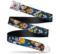 Buckle-Down Cinturón con hebilla para cinturón de seguridad, poses de acción de baloncesto para 8 jugadores de Looney Tunes, Azul marino/multicolor, Regular - 1.5" Wide - 24-38" Long