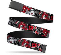 Buckle-Down Cinturón de malla con hebilla de abrazadera lisa, Harley Quinn Poses, HAHAHA!, Diamantes y Corazones, semitono blanco/negro/rojo, 1.5 pulgadas de ancho, talla 42