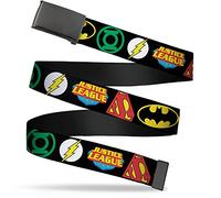 Buckle-Down Cinturón de malla con hebilla de abrazadera lisa, logotipos de superhéroes de la Liga de la Justicia, primer plano, negro/multicolor, 1.25 pulgadas de ancho, talla 42