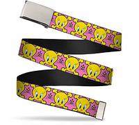 Buckle-Down Cinturón de red para niños, Tweety Bird & Crossbones rosa/negro/amarillo, 1-inch