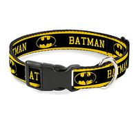 Buckle-Down - Collar con Clip de plástico con Logotipo de Batman, Color Amarillo y Negro, Ajuste Ancho de 2,5 cm, Cuello Grande de 38 a 66 cm