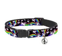 Buckle-Down Collar de gato con diseño de unicornios de arco iris, color negro, de 8 a 12 pulgadas, 0.5 pulgadas de ancho