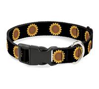 Buckle-Down Collar de perro con clip de plástico con cara de girasol, color negro, de 6 a 9 pulgadas, 0.5 pulgadas de ancho