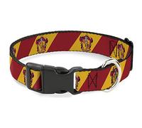 Buckle-Down Collar de perro con clip de plástico con escudo de Gryffindor, rayas diagonales, dorado/rojo, de 7 a 8.5 pulgadas, 0.5 pulgadas de ancho