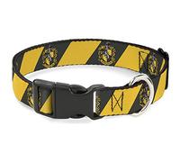 Buckle-Down Collar de perro con clip de plástico con escudo Hufflepuff a rayas diagonales gris carbón/amarillo, 8.5 a 12 pulgadas, 0.5 pulgadas de ancho