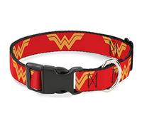 Buckle-Down Collar de perro con clip de plástico DC League of Super Pets Wonder Woman, logotipo rojo y amarillo, de 16 a 23 pulgadas, 1.5 pulgadas de ancho