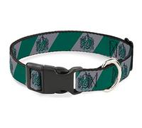 Buckle-Down Collar de perro con clip de plástico, escudo de Slytherin, rayas diagonales, gris/verde, de 7 a 8.5 pulgadas, 0.5 pulgadas de ancho