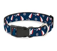 Buckle-Down Collar de perro con clip de plástico para velero, timón de ancla disperso, azul marino, blanco, rojo, de 16 a 23 pulgadas, 1.5 pulgadas de ancho