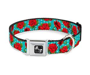 Buckle-Down Collar de Perro con Hebilla para cinturón de Seguridad, Rosas Rojas/Lunares Turquesa, 1 Pulgada de Ancho, se Adapta a Cuello de 11 a 17 Pulgadas, Mediano