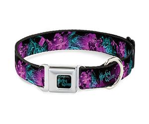 Buckle-Down Collar de Perro Hebilla de cinturón de Seguridad Harley Quinn Pow apuntando Poses Joker Negro Turquesa Fucsia 15 a 26 Pulgadas 1.0 Pulgadas de Ancho, Multicolor (DC-WJK047-L)