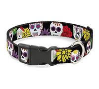 Buckle-Down - Collar de plástico con Clip de Color Negro, diseño de Calaveras de azúcar y Flores, 2,5 cm de Ancho