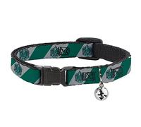 Buckle-Down Collar para gato con escudo de Slytherin de campana, rayas diagonales, gris/verde, 8.5 a 12 pulgadas, 0.5 pulgadas de ancho