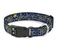 Buckle-Down Collar para mascotas, collar de perro, hebilla de plástico, collage de iconos de la vida Harmony Balance Life Collage azul amarillo, 9.5 a 14.5 pulgadas, 0.5 pulgadas de ancho