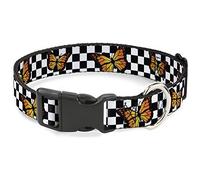 Buckle-Down Collar para Mascotas, Collar de Perro, Hebilla de plástico, Mariposa monarca, Cuadros dispersos Negro y Blanco, 15 a 24 Pulgadas, 1.0 Pulgadas de Ancho