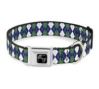 Buckle-Down - Collar para Perro con Hebilla de cinturón de Seguridad, diseño de Argyle Azul Marino, Verde, Blanco y Dorado