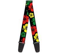 BUCKLE-DOWN correa para guitarra, Hibiscus CLOSE UP Black/Green/Yellow/Red