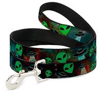 Buckle-Down Correa para Mascotas, Correa para Perro, Aliens ovnis Galaxia, Verde, Negro, Blanco, 6 pies de Largo 1.5 Pulgadas de Ancho