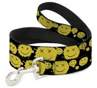 Buckle-Down Correa para mascotas, correa para perro, cara sonriente dispersa en negro y amarillo, 6 pies de largo 1.5 pulgadas de ancho