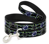 Buckle-Down Correa para Mascotas, Correa para Perro, Casco de fútbol a Rayas, Negro, Verde neón, Azul, 6 pies de Largo, 1.0 Pulgadas de Ancho