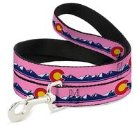 Buckle-Down Correa para mascotas, correa para perro, icono de la bandera de Colorado, horizonte de montaña, rosa, azul, blanco, 4 pies de largo, 1.0 pulgadas de ancho