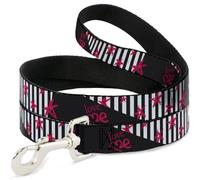 Buckle-Down Correa para Mascotas, Correa para Perro, Love Me Sketch Stars Stripes Negro Blanco Fucsia, 6 pies de Largo 0.5 Pulgadas de Ancho