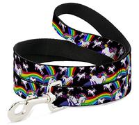 Buckle-Down Correa para Mascotas, Correa para Perro, Unicornios Arco Iris Remolino Negro, 6 pies de Largo 0.5 Pulgadas de Ancho
