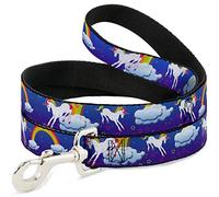 Buckle-Down Correa para Perro, Unicornios, Arco Iris, Estrellas, Azul y Morado, 6 pies de Largo, 0.5 Pulgadas de Ancho