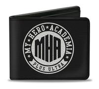 Buckle-Down Crunchyroll Billetera, plegable, My Hero Academia Plus Ultra Round Logo Negro Blanco Cuero Vegano, Negro -, 4.0" x 3.5", Casual