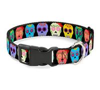 Buckle-Down - Cuello con Clip de plástico Pintado de Calaveras de azúcar Negro/Multicolor, 2,5 cm de Ancho, Cuello Mediano.
