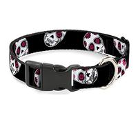 Buckle-Down - Cuello Mediano de plástico con diseño de Calaveras de azúcar dispersas, Color Negro, Blanco y Fucsia, 1,27 cm de Ancho