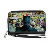 Buckle-Down DC Comics - Cartera con cremallera alrededor, Batman y Gotham City Villains Torn Faces, collage de graffiti, cuero vegano, Azul, 7.5"x4.5", Casual