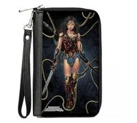 Buckle-Down DC Comics - Cartera con cremallera alrededor, espadas de pie de Wonder Woman con lazo de la verdad azul, cuero vegano, 7.5"x4.5", Casual