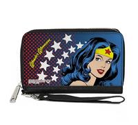 Buckle-Down DC Comics - Cartera con cremallera alrededor, la Mujer Maravilla con cara de estrellas de medio tono, azul, rojo, amarillo, blanco, cuero vegano, 7.5 x 4.5 pulgadas, casual
