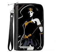 Buckle-Down DC Comics - Cartera con cremallera alrededor, Liga de la Justicia 2017 Wonder Woman Pose negro/blanco/dorado/azul, cuero vegano, Negro -, 7.5"x4.5", Casual