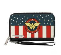 Buckle-Down DC Comics - Cartera con cremallera alrededor, WONDER WOMAN/Logo Americana rojo/blanco/azul/amarillo, cuero vegano, Azul, 7.5"x4.5", Casual