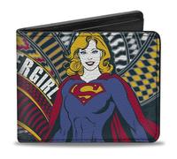 Buckle-Down DC Comics - Cartera plegable, diseño de Supergirl Pose y Super Shield, color azul marino, rojo y amarillo, cuero vegano