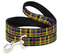 Buckle-Down DL-6FT-W31603-W Plaid Black / Multi Neon Pet Leash, 6' de Largo - 1.5" de Ancho