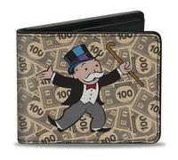 Buckle-Down Hasbro - Cartera plegable, Mr Monopoly Rich Uncle Pennybags Pose 100 billetes de dinero apilados, cuero vegano, Varios colores, 4.0" x 3.5", Casual