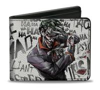 Buckle-Down Hombre PU Bifold - Joker Brillante Twisted Psycho-Pose/Cartas, Blanco/Gris, Monedero, Multicolor, 4.0 x 3.5 US