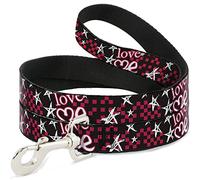 Buckle-Down Love Me w/Sketch Stars & Checkers Negro/Fucsia/Blanco Pet Leash, 6" x 1/2"