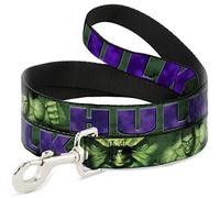 Buckle-Down Marvel Comics - Correa para Mascotas, Correa para Perro, Cara de Hulk, acción de acercamiento, Verde, Morado, 6 pies de Largo y 0.5 Pulgadas de Ancho