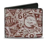 Buckle-Down Mattel - Cartera plegable, Hot Wheels 68 iconos Collage blanco borgoña, cuero vegano, blanco, 4 x 3.5 pulgadas, casual