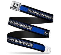 Buckle-Down MOPAR GARAGE - Cinturón de seguridad con logotipo a cuadros, color negro, azul y blanco, 1.5 pulgadas de ancho, Mopar Garage Checker Logo/Rayas Negro/Azul/Blanco, 1.5" Wide, 24-38" Long