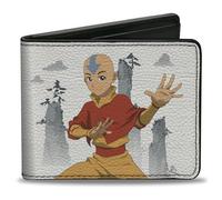Buckle-Down Nickelodeon - Cartera plegable de cuero vegano para hombre con billeteras, ranuras para tarjetas y soporte para identificación, Avatar The Last Airbender Aang Bending Pose and Scenery -