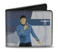 Buckle-Down Paramount Network - Cartera plegable con ranuras estándar para billetera y tarjetas, Star Trek Mr Spock Phaser Pose Blues Grays, cuero vegano, gris, 4 x 3.5 pulgadas, casual