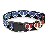 Buckle-Down Peace Hearts - Collarín de plástico con Clip de Color Negro y arcoíris, 1/2" x 9-15"/Grande