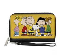Buckle-Down Peanuts - Cartera con cremallera alrededor, Peanuts Gang Close Up Group Pose de color amarillo dorado, cuero vegano, Amarillo, 7.5"x4.5", Casual