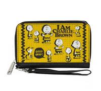 Buckle-Down Peanuts - Cartera con cremallera alrededor, Peanuts I Am Charlie Brown Poses y rayas amarillas en zigzag, cuero vegano