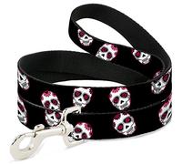 Buckle-Down Pet Leash, 4 'x 1,5", Calaveras de azúcar escalonadas Negro/Rosa/Blanco