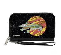 Buckle-Down Rick and Morty - Cartera con cremallera alrededor, coche volador familiar Rick y Morty Smith y planeta pose, galaxia, cuero vegano